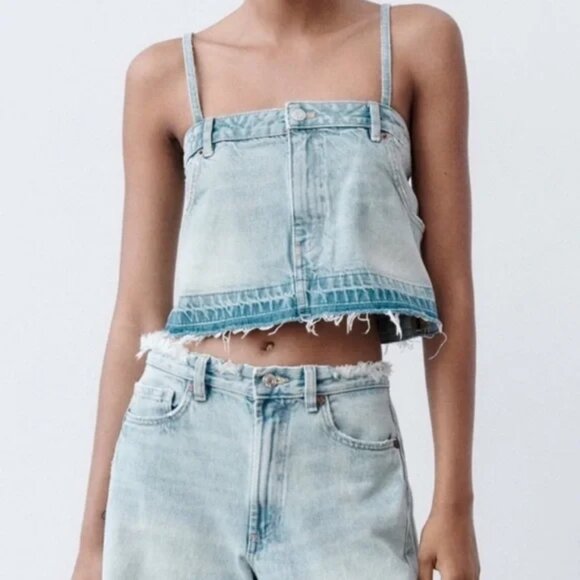 ZARA Skirt Effect Crop Denim Spaghetti Straps Jean Tank Top L - Picture 5 of 16